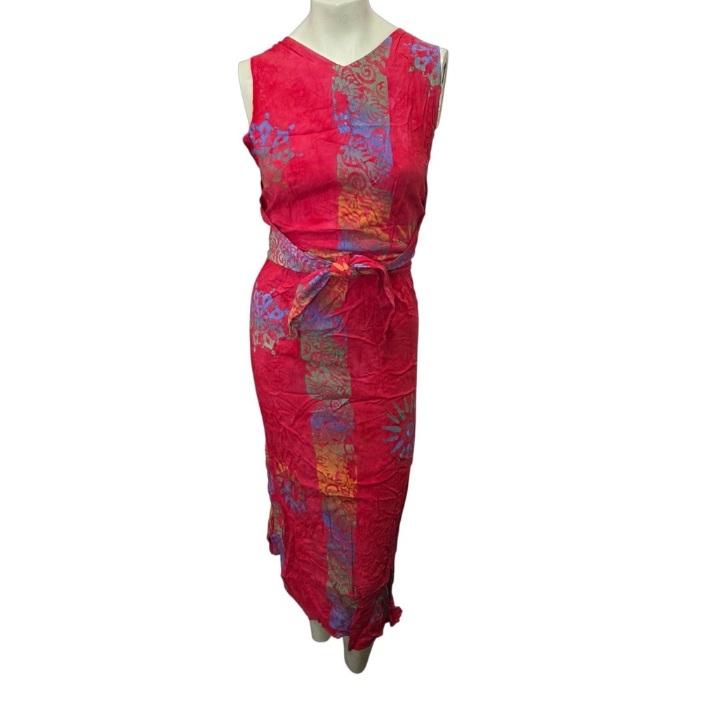Vintage Red Batik Rayon Maxi Dress 8 Made Indonesia Boho Sarong Scarf Resort